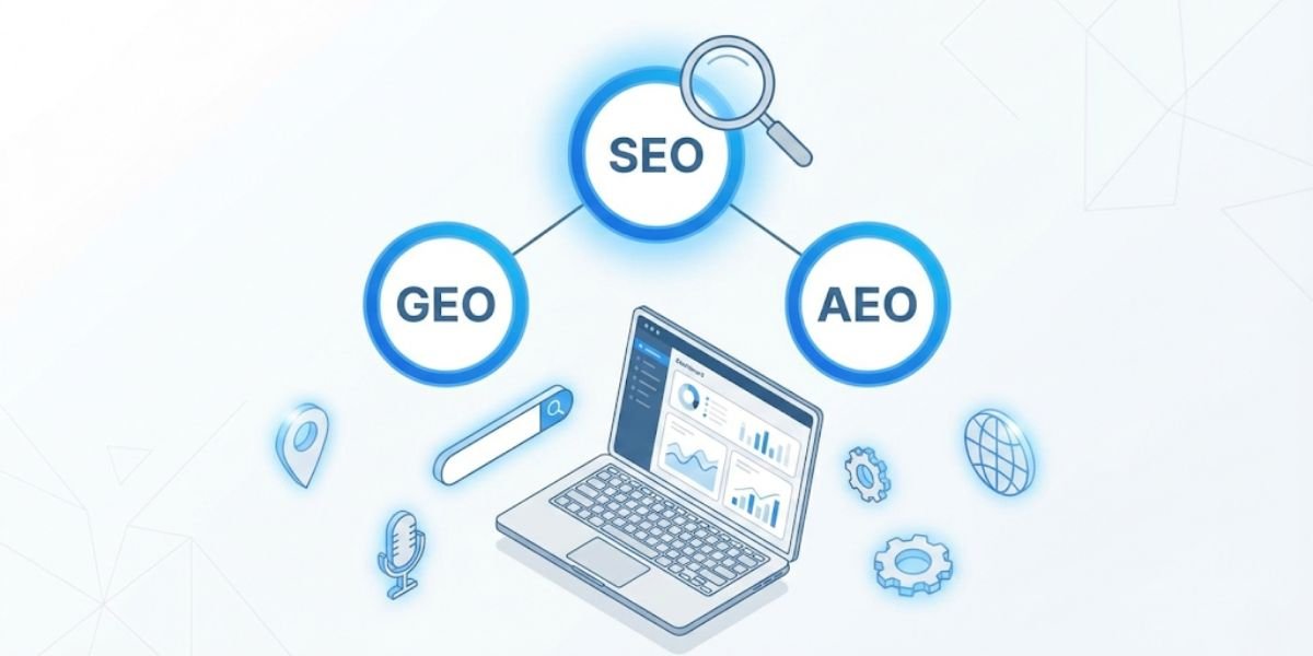 Illustration explaining SEO, GEO, and AEO in digital marketing — concept of search engine optimization