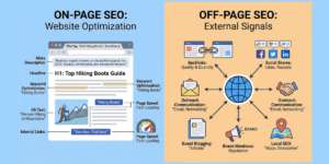 Infographic showing the difference between On-Page SEO and Off-Page SEO with examples