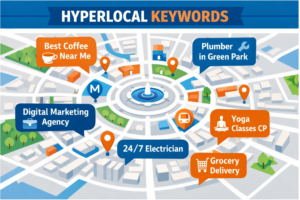 Traditional SEO focuses on broader search terms, but hyperlocal SEO relies on location-specific keywords. 